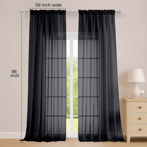 Image of OWENIE Black Sheer Curtains, Sheer Curtains 96 inches Long 2 Panels Set, Rod Pocket Voile Fimly Sheer Drapes for Living Room /Bedroom, 2pcs, Each 59 inch W x 96 inch L