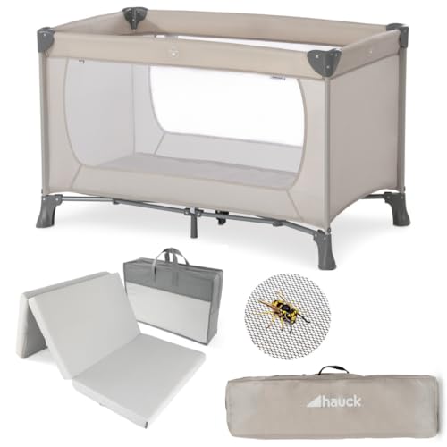hauck Dream N Play Cuna de Viaje Bebe con Colchon y Mosquitera - Parque Infantil Plegable con Bolsa de Transporte - Ligera y Compacta - Beige