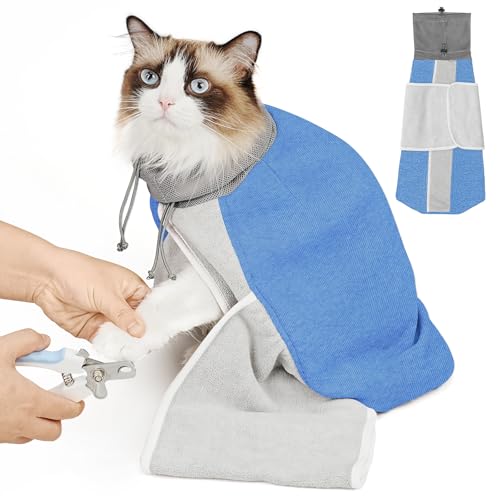 Supet Cat Grooming Wrap for Cutting Nails, Self-Adhesive Anti-Scratch Swaddle with Bite-Proof Mesh Hood & Thick Waist Strap Anti-Escape Bag for Nail Trimming, Medication, Ear Cleaning (Blue M)