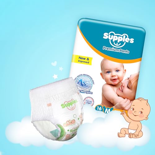 Image of Amazon Brand - Supples Premium Baby Diaper Pants | 16 Baby Diapers | Medium | 7-12 Kg | 12 Hrs Absorption | Cushiony Cotton Soft Fabric | Phthalates-Free | Triple Leak Guard