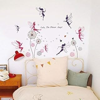 WALPLUS 158x110cm Wall Stickers Fairies Plus Pink Dandelion Removable Self-Adhesive Mural Art Decals Vinyl Home Decoration DIY Living Bedroom Office Décor Wallpaper Kids Room Gift, Multi-colour