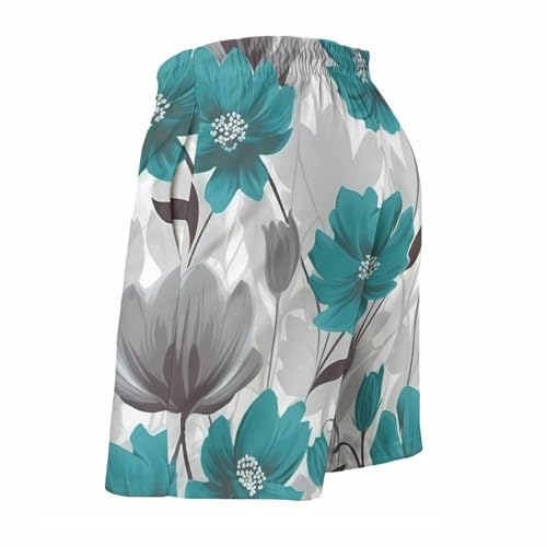 Teal Grey and White Floral Mens Swim Trunks Quick Dry Hawaii Bathing Suit Board Shorts with Mesh Lining-4