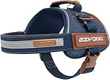 EzyDog Convert Dog Harness – Trail-Ready Rugged Harness for Walking, Hiking & Outdoors with Reflective Piping, Badge Attachment Points, Traffic Handle, & Comfort Lining (Large, Denim)
