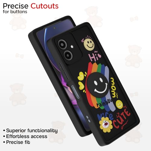 Image of Pikkme Back Cover for Motorola Moto G54 5G / G64 5G | Soft Silicone| Cute Rainbow Smile & 3D Cartoon Flower Design | Shockproof Raised Camera Protection Bumper Case (Black)