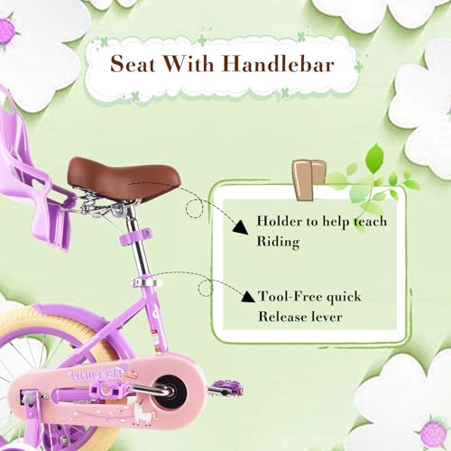 Image of RULLY Kids Bike 12 14 16 inch for 2-7 Years Girls with Training Wheels & Front Handbrake, Kids Bicycle with Basket Bike Streamers Toddler Cycle Bikes