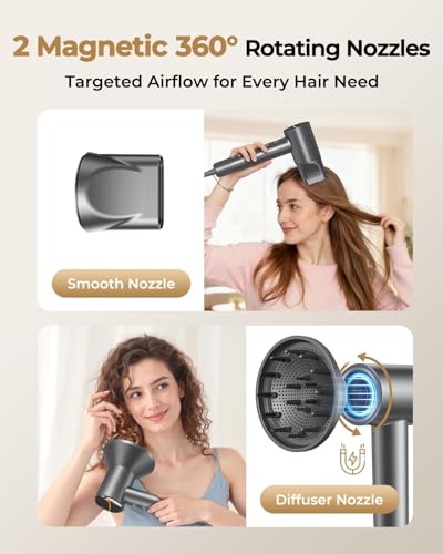 Image of High Speed Ionic Hair Dryer, 160,000 RPM Professional Brushless Motor Blow Dryer for Fast Drying, 500M Negative Ions for Frizz-Free Shine, Quiet & Lightweight with Magnetic Diffuser & Nozzle