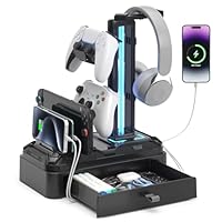 KDD Gaming Kopfhörer Ständer Led mit USB A Typ-C Ladegeräten, Headset Halterung Tisch & Abnehmbar Controller Halter mit Schublade Geräteschlitz für Handy Tablet, Headset Ständer für PC Gaming Zubehör