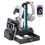 KDD Headphone Stand with USB A&C Charger Ports - RGB Controller Stand with Detachable Hooks - Rotatable Headset Hanger & Device Slot for Phones/Tablets - Drawer Storage Base for Gaming Desk Organizer