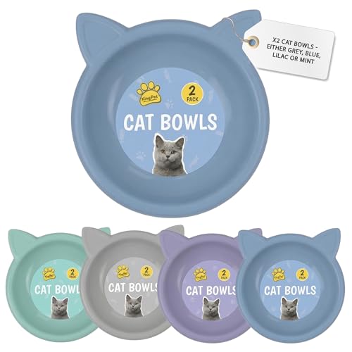 Cat Bowls 2 Pack Shallow Feeding and Watering Bowl Set for Cats and Kittens Embossed Face Pet Dishes 11.5cm 4 Assorted Colours