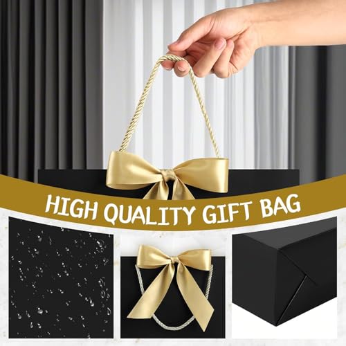 Image of JMANNI Gift Bags with Handles, 13 inch Medium Gift Bag for Presents, 2 Pcs Bags with 4 Tissue Paper and 2 Cards for Baby Shower Wedding Bridal Shower Mother's Day Birthday Party (Black)