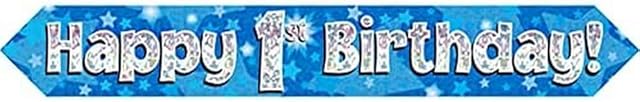 9ft Banner Happy 1st Birthday Blue Foil Holographic Banner