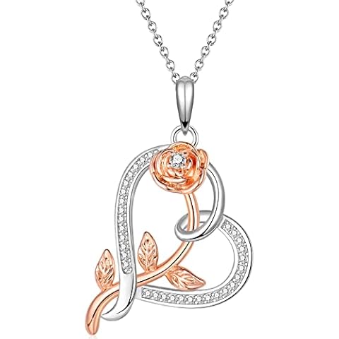JEWAB Silver Necklace for Women, 925 Sterling Silver Heart Shaped Rose Flower Romantic Cubic Zirconia Pendant Necklaces for Her Girlfriend Wife Birthday Cover