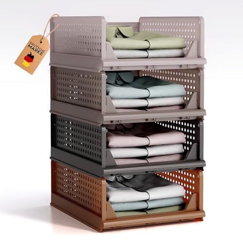 RMAN® 4 pcs Organizador Armario Organizador Cajones Extraíbles de Plastico Plegable y Apilable Ordenar Armario Cajas Almacenaje Ropa para Cocina Dormitorio Baño - Marrón