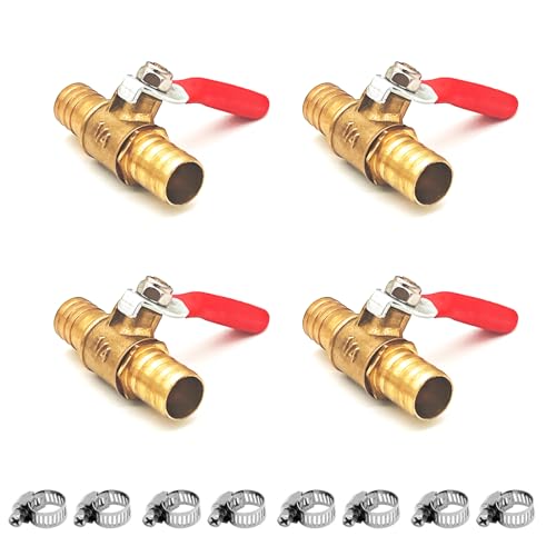 4Pcs 12mm 2 Way Straight Barb Shut-Off Ball Valve, Brass Barb Ball Valve, Ball Valve, Shut-off Valve with 8 Clamps for Air Gas, Fuel Line, Shut-off (12mm)