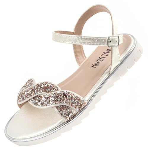 Wulubaba Girls Sandals Summer Dress Sandals Open Toe Flat Flower Girl Shoes Glitter Braid Strap with Adjustable Buckle for Toddler Little and Big Kid Gold 13