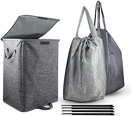 95L Collapsible Laundry Hamper with Lid & 2 Removable bag Liners, Laundry Basket with handles, Detachable Clothes Hamper for Bedroom, Bathroom, nursery,College Dorm, family,Grey