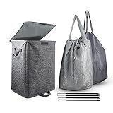 95L Collapsible Laundry Hamper with Lid & 2 Removable bag Liners, Laundry Basket with handles, Detac