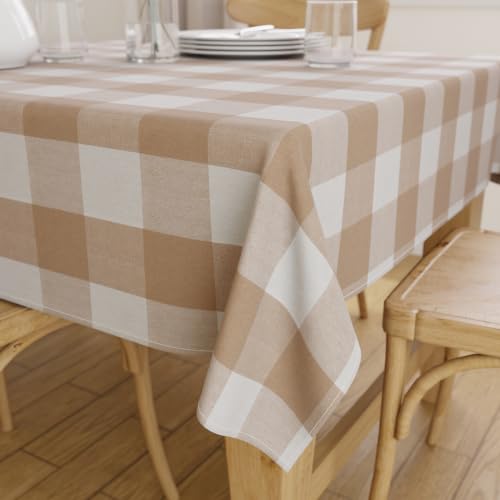 Image of Encasa XO Cotton Square Table Cloth for 4 Seater | (140x140 cm) | Buffalo Beige Checks | Dining Tablecloth for Decoration