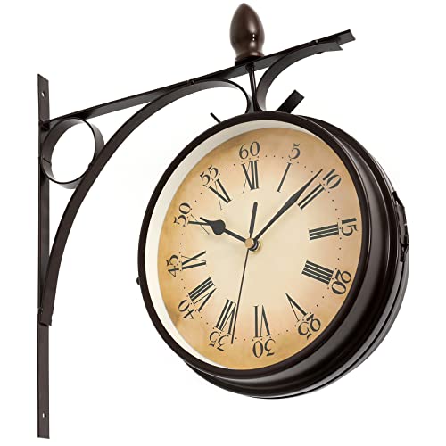 IRONWALLS Hanging Double Sided Clock, 9â€ Metal Iron Vintage Wall Clock, Battery Operated Quiet Silent European Style Wall-Mounted Antique Retro Clock for Patio, Cafe, Garden, Home Decor