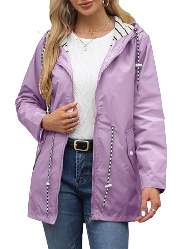 DINGJIUYAN Women's Raincoat Waterproof Windproof Portable Raincoat with Hooded Foldable Lightweight Jacket Outdoor Running Jacket Purple 3XL