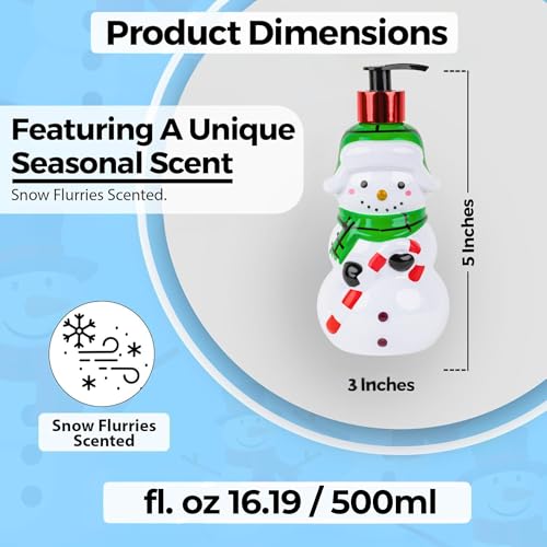 Image of Simple Pleasures Snow Frosting Hand Soap Dispenser - 16.9 fl oz Refillable Holiday Soap, Ceramic Snowman Design with Candy Cane & Green Scarf - Festive Winter Bathroom & Kitchen Decor Gift