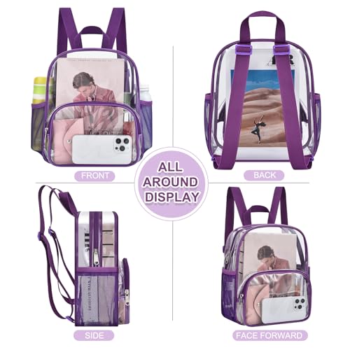 Busiuw Clear Backpack for Stadium Events Clear Backpack 12x12x6 with Front Pocket for Concert Sport Events Work Travel (Purple)