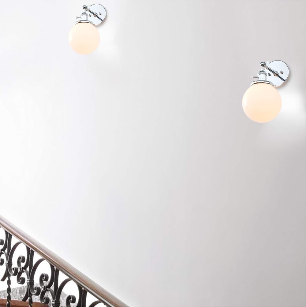 Pathson Réglable Applique Blanc de Lait Boule Verre Abat-jour Lampe Rétro Industrial Applique Murale Rétro Eclairage Chrome
