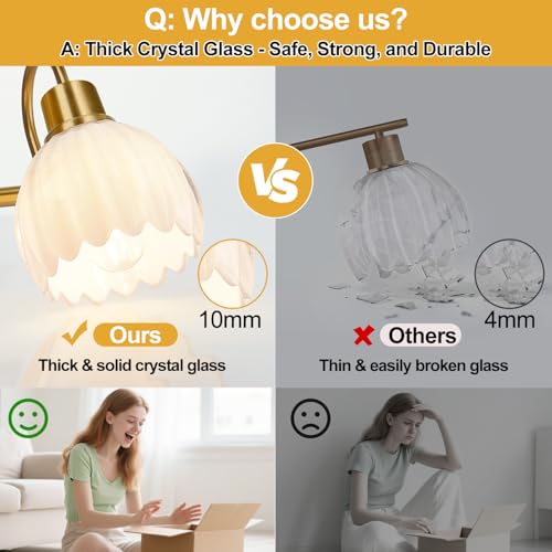 Image of Bathroom Light Fixtures, 3-Light Gold Vanity Light Fixtures with White Tulip Glass Shades, Bathroom Lighting Fixtures Over Mirror for Bedroom, Living Room & Hallway (Bulbs Not Included)