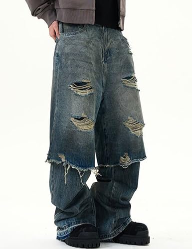 Men Baggy Jeans Y2k Wide Leg Distressed Ripped Jeans Hip Hop Vintage Denim Pants Streetwear3