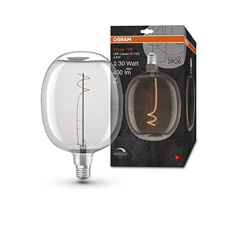 OSRAM Lámpara LED Vintage 1906 cristal transparente, 4,8W, 400lm, forma de globo con 170mm de diámetro y casquillo E27, luz blanca cálida a 2700K, filamento regulable, vida útil de hasta 15.000 hs