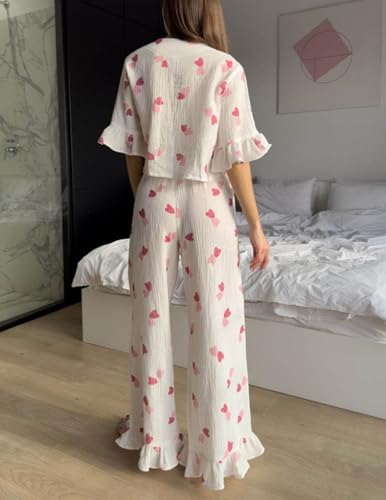 Womens Cotton Pajama Set Ruffle 2 Piece Tie Front Shirt and Long Pants Cute Printed Sleepwear4