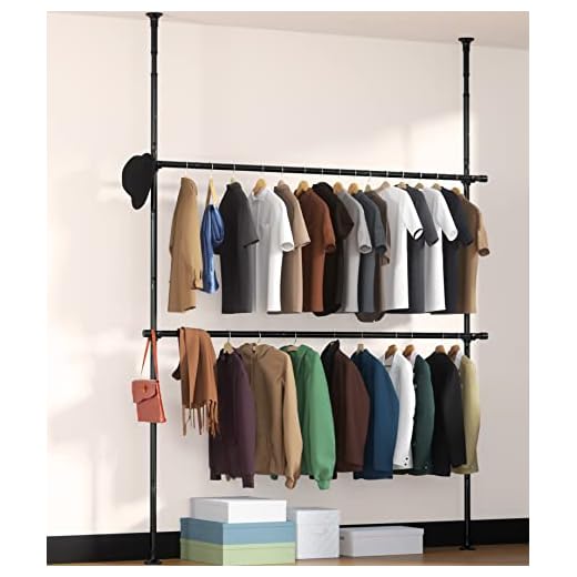 Closet Organizer Garment Rack, Heavy Duty 2-Tier Adjustable Free Standing Clothes Laundry Drying Rack, Floor to Ceiling Clothing Hanger Tension Rod Closet System Wardrobe Storage Matt Black