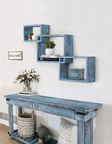 Rustic Wall Mounted Tier Square Shaped Floating Shelves Set of 3Screws and Anchors Included - Farmhouse Wooden Shelves for every Room  Rustic Wall Barn Décor  Floating Display Storage - Blue