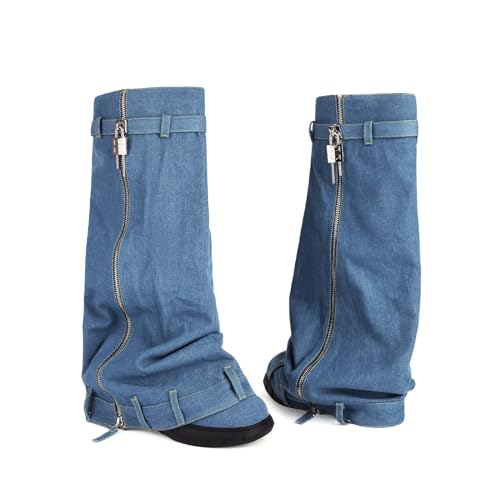 keleimusi Denim Lock Biker Boots Fold Over Knee High Jeans Boot for Women2