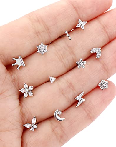 Akeoqi 12Pcs Nose Stud L Shape Nose Rings Cubic Zirconia Butterfly Flower Eye Moon Heart Crown Lightning Shape Nose Studs Piercing Jewelry For Women Men 20G Silver Tone #TOP5