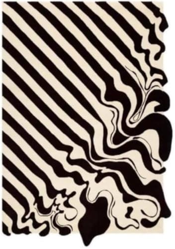 Tapete artesanal de lana 5' x 8' negro y blanco miniatura 4