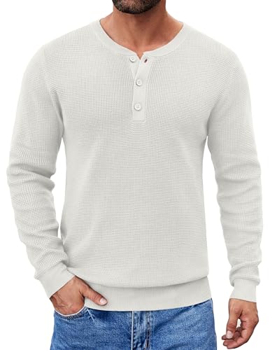 Mejores review On-line Jersey zara - solo los mejores. 20 COOFANDY - Suéter de punto acanalado para hombre, estilo Henley tipo gofre, de punto entallado, suéter casual de manga larga, Blanco, Small