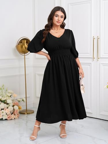 SCOMCHIC Women Plus Size Dresses V Neck 3/4 Sleeve Smocked High Waist Summer Flowy A Line Maxi Dress3