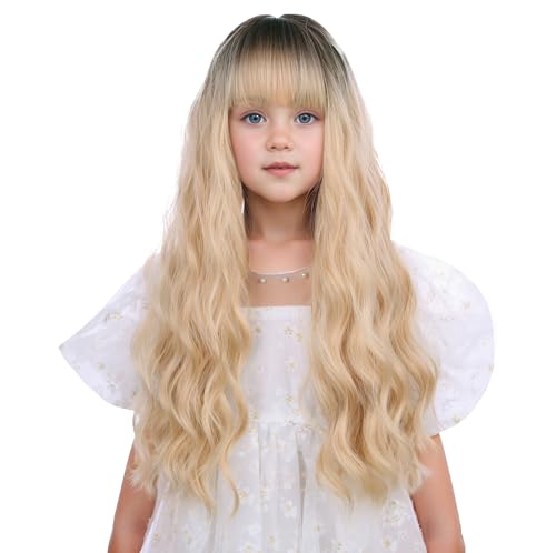 Edivd Black Ombre Blonde Wig for Kids Girls Long Black to Blonde Wig with Flat Bangs Toddler Long Wavy Curly Hair Heat Resistant Synthetic Hair with Cap
