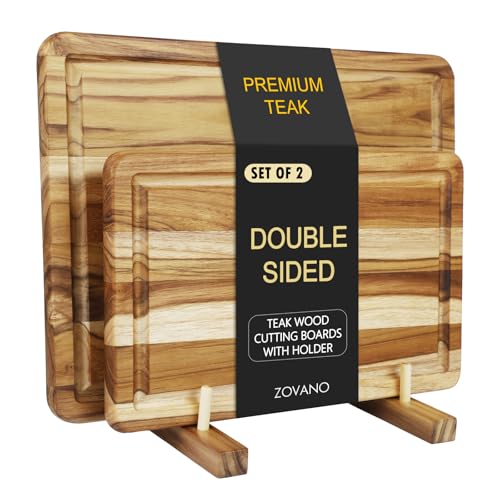 Zovano 2-Piece Teak Cutting Board Set with Storage Stand for Kitchen Prep & Serving,Charcuteire Chopping Boards with Deep Juice Groove,Gift for Chef Housewarming Wedding