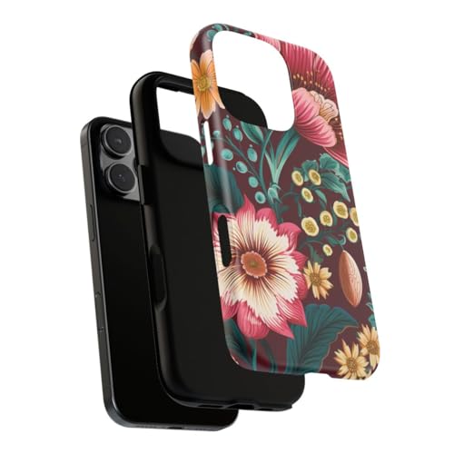 Coque iPhone 16 Pro motif botanique ambre et bleu sarcelle rigide mate - 3