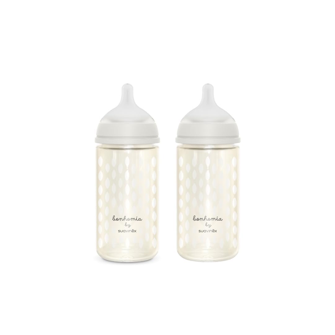 Suavinex Bonhomia Glass Baby Bottle with SX PRO Silicone Nipple, Anti Colic Baby Bottles, Baby Bottles for Breastfed Babies, 2 Pack 8 oz, Beige