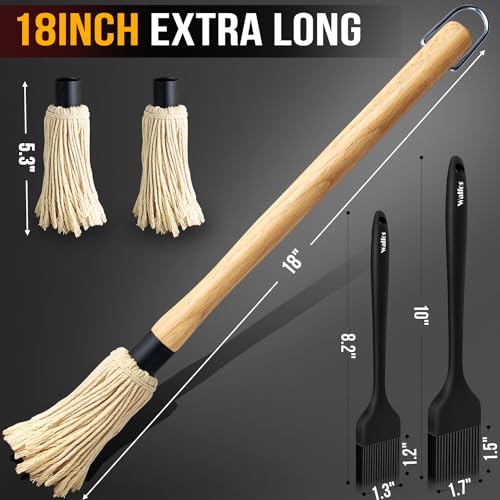 Image of Walfos Basting Brush Silicone and BBQ Mop, Grill Basting Mop with 3 Heads and 2Pcs Pastry Brushes, Wooden Long Handle, Heat Resistant for Grilling, Smoking Steak, Kitchen Cooking (18 inch）