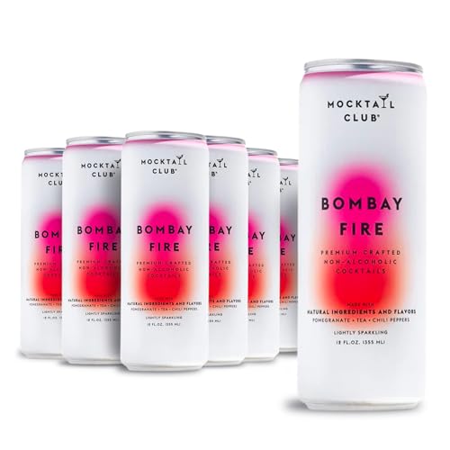 Mocktail Club Bombay Fire Non-Alcoholic Sparkling Craft Cocktail - 12x12 Oz Cans | 90 Calories, Non-GMO, No Artificial Ingredients, Gluten Free, Vegan | Natural Pomegranate, Caffeine-Free Tea, Agave, & Chili