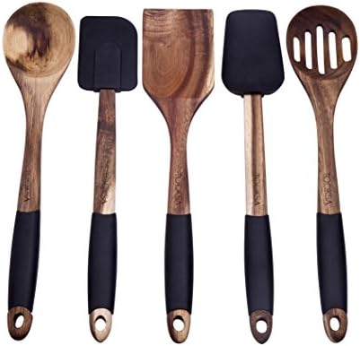 TOOKSA- Premium 5 Piece Acacia Multi-Toned Light and Dark Wooden Spoon, Turner and Spatula Utensil Set with Silicone, Rubber, Non-Slip Handles (Black)