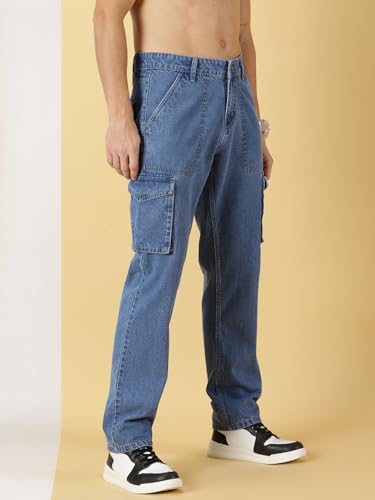 Image of Thomas Scott Men Comfort Relaxed Fit Clean Look Light Fade Pure Cotton Cargo Jeans, Mid Rise, Blue, 32