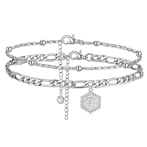T Silver Initial Anklet For Women Layered Beaded Hexagon Letter Ankle Silver Cuban Link Anklet Bracelet For Women Men Dainty Letter Name Ankle For Teen Girls ((Silver T) #TOP28