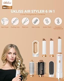 Sèche Cheveux & Air Styler Pro, UKLISS Airbrush 6 en 1 avec 1000W Seche Cheveux Professionnel, Boucleur a Cheveux Automatique, Fer a Lisser, Thermal Brush, Brushing Brosse Soufflante - Blanc