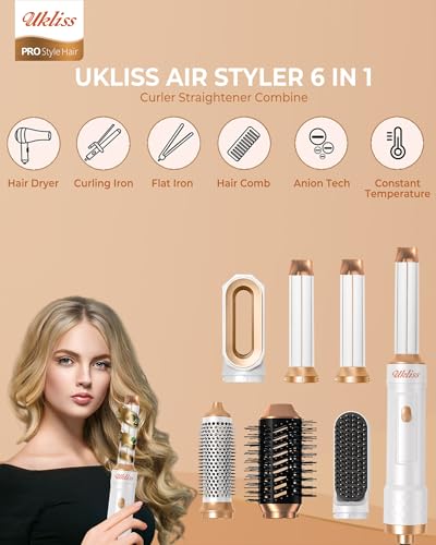 UKLISS 6 in 1 Hairstyler & Haartrockner, Haarstyler Set mit Warmluft Lockenbürste Automatisch, Hair Dryer, Rundbürstenföhn, Warmluftbürste, Haarföhn, Geschenke für Frauen Haarstyling - Weiß