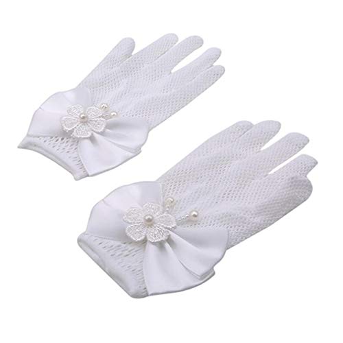 Sevenfly Flower Girls Bow Tie Lace Gloves for Wedding Ball Girl Dress Cosplay Party Gloves(White)4